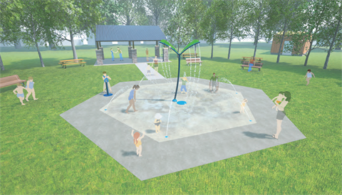 Proposed splashpad with one vertical sprayer and multiple ground sprayers with renderings of people of all ages using it