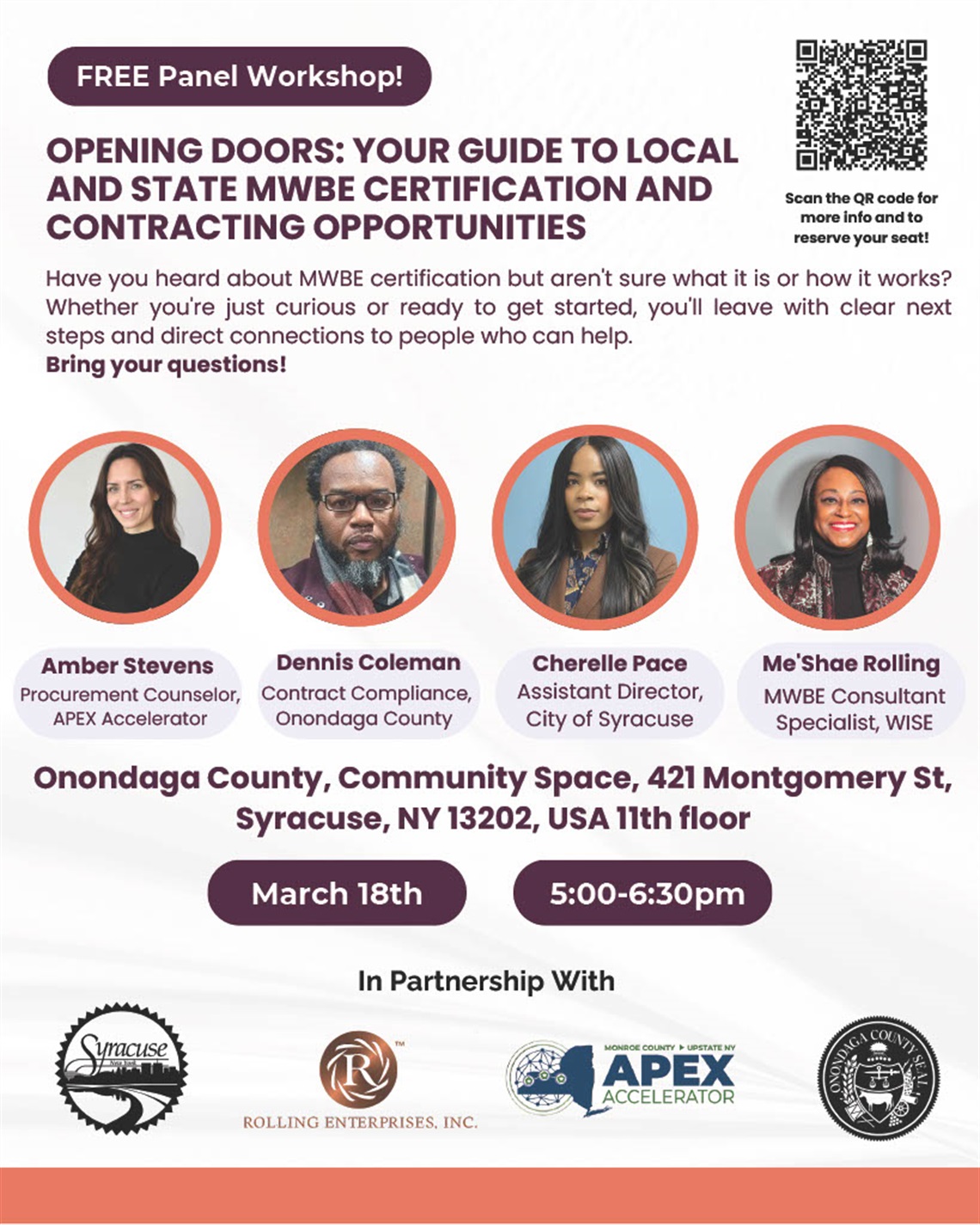 Flyer for the Opening Doors Panel hosted by WISE with a QR code for registration and a description of the event and panelists