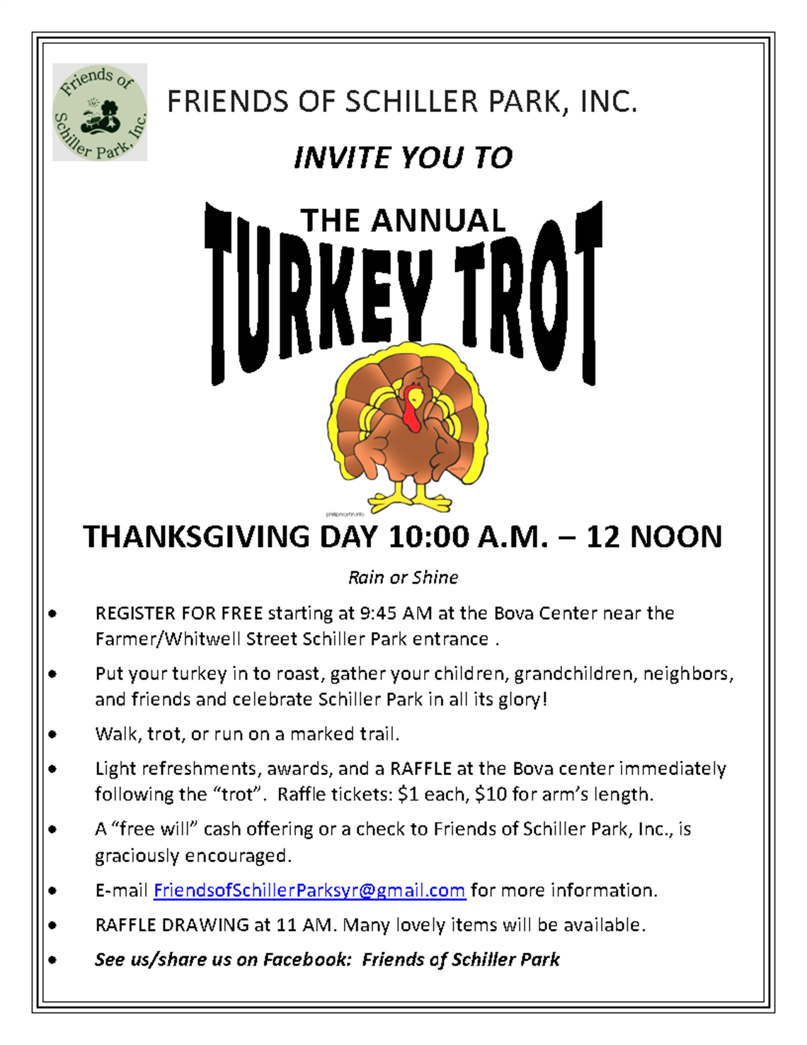 Friends of Schiller Park Turkey Trot Invitation Flyer 
